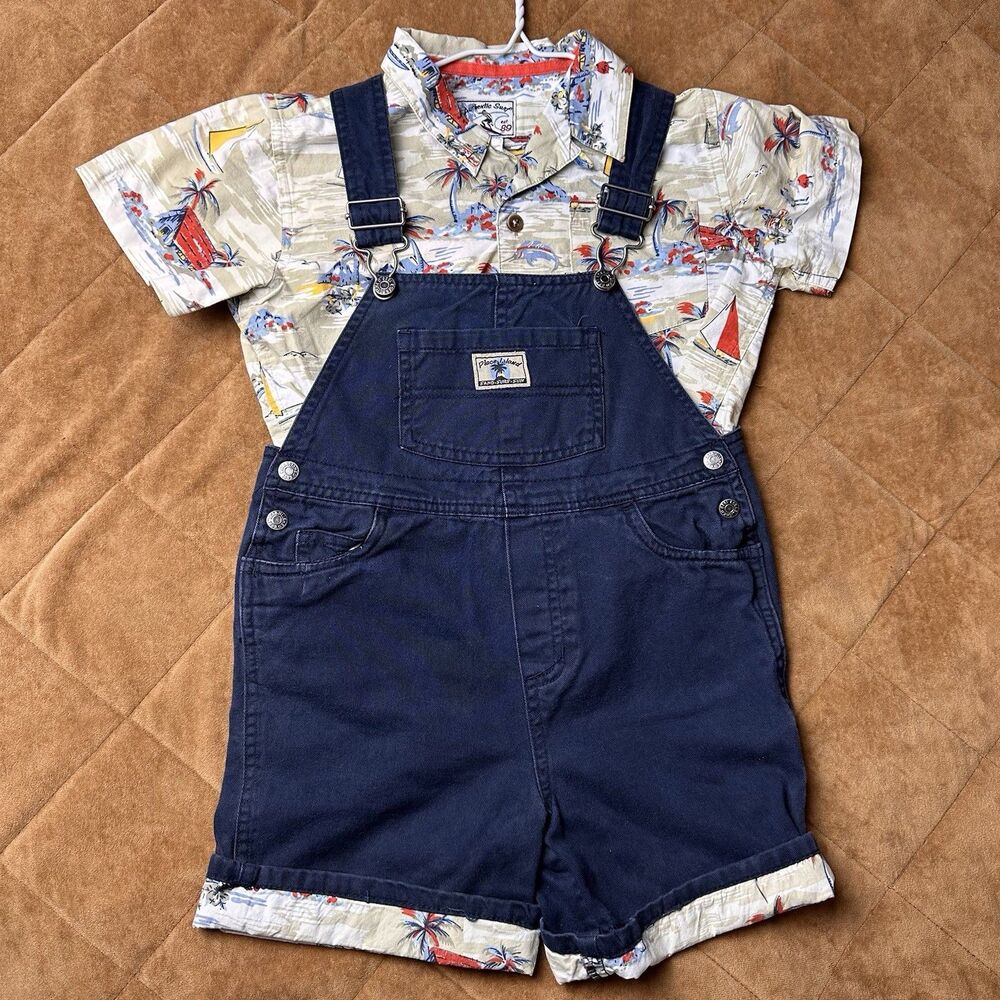 Vintage Y2K Childrens Place 4T Overalls Hawaiian Shirt Set Tropical Surf Short